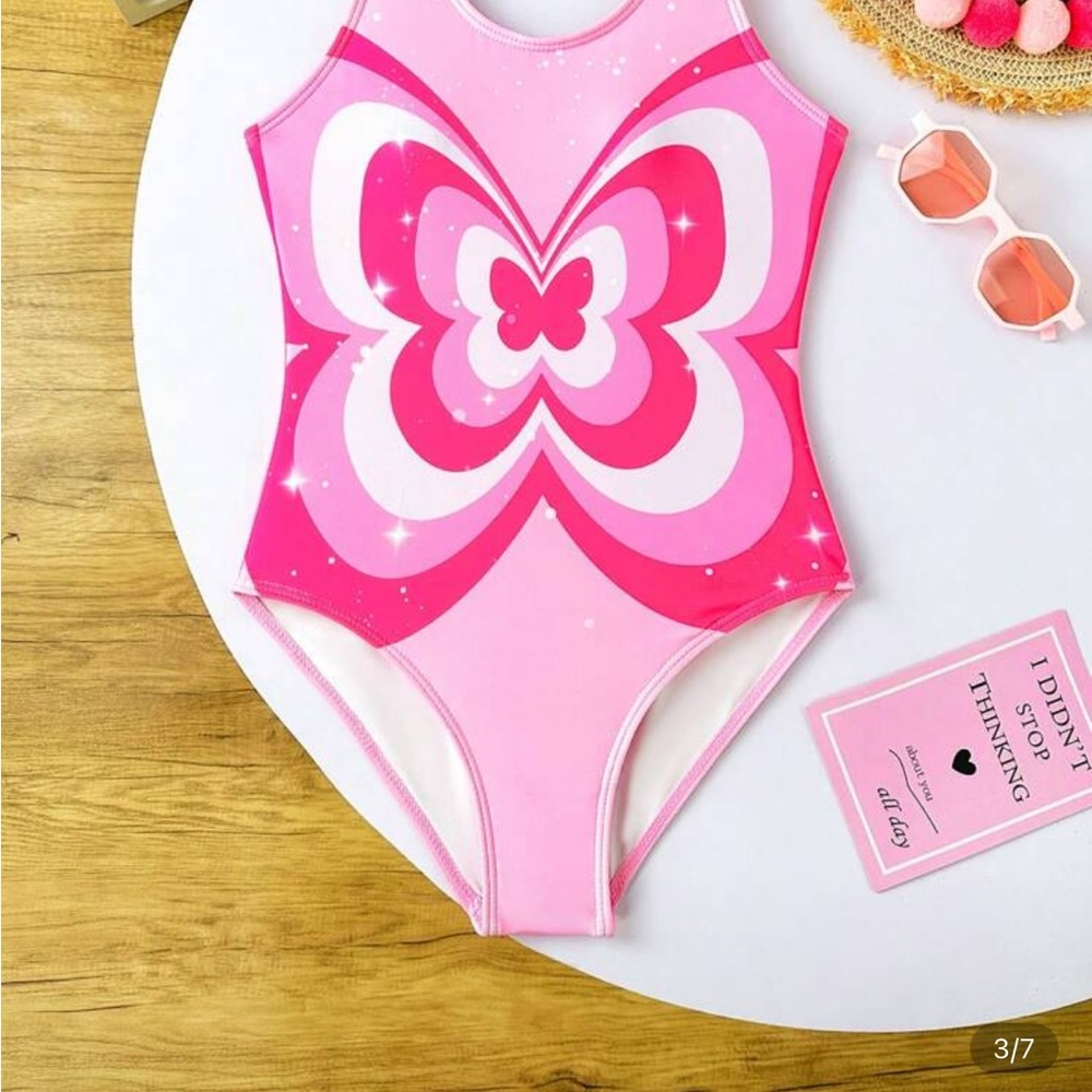 SHEIN Pink Butterfly Print Kids One Piece Swimsuit